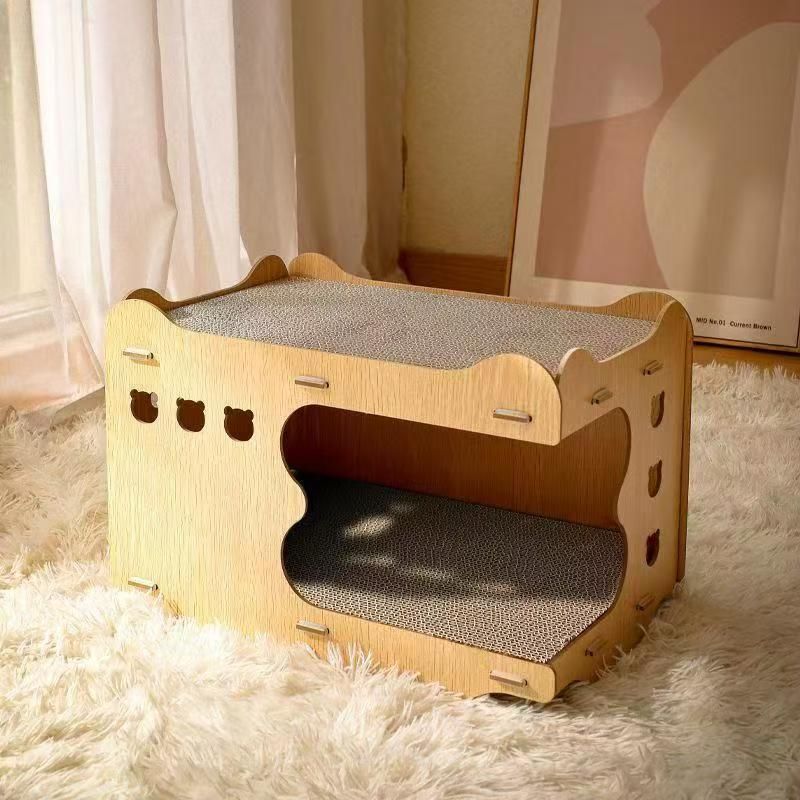 Two-Tier Wooden Cat Perch with Bear Cutouts